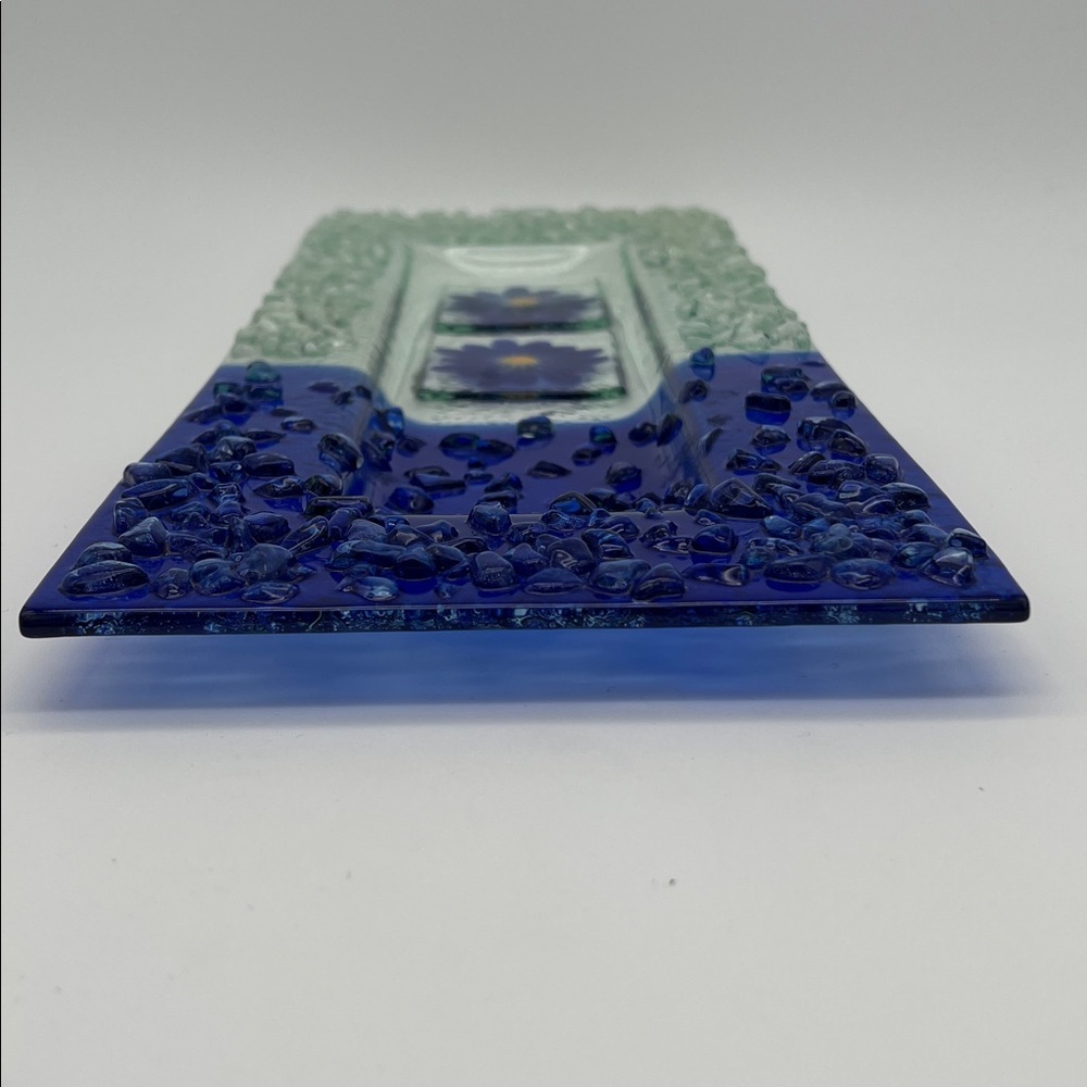 Fused Glass Art Tray Serving Platter with Pebble Finish and Blue Daisy Design - Picture 3 of 8